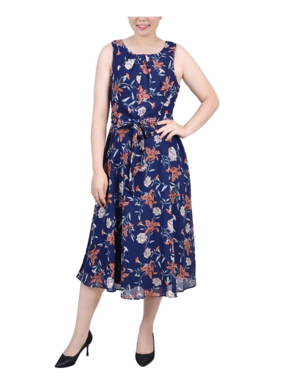 NY Collection Sleeveless Chiffon Belted Dress Blue Floral Petite Size PM $54